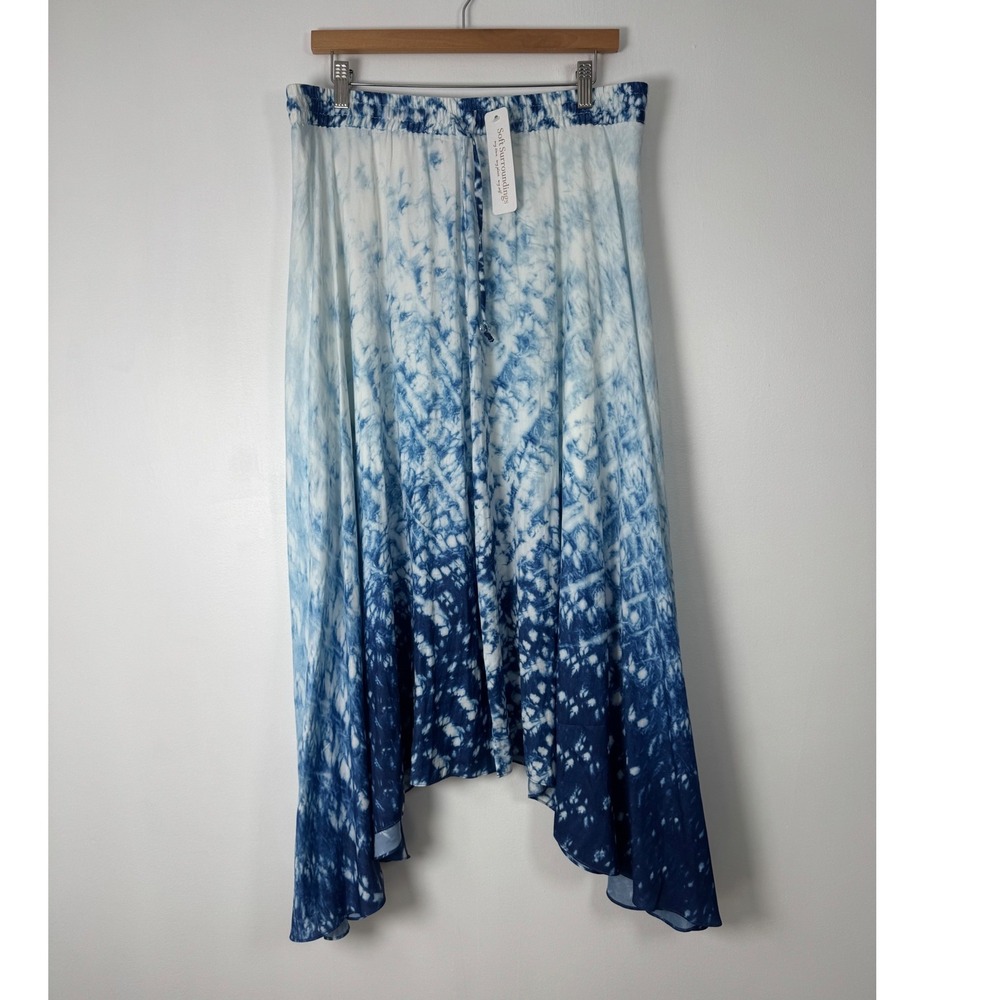 Boho Soft Surroundings Womens M Blue White Tie Dye Sharkbite Midi Skirt NWT